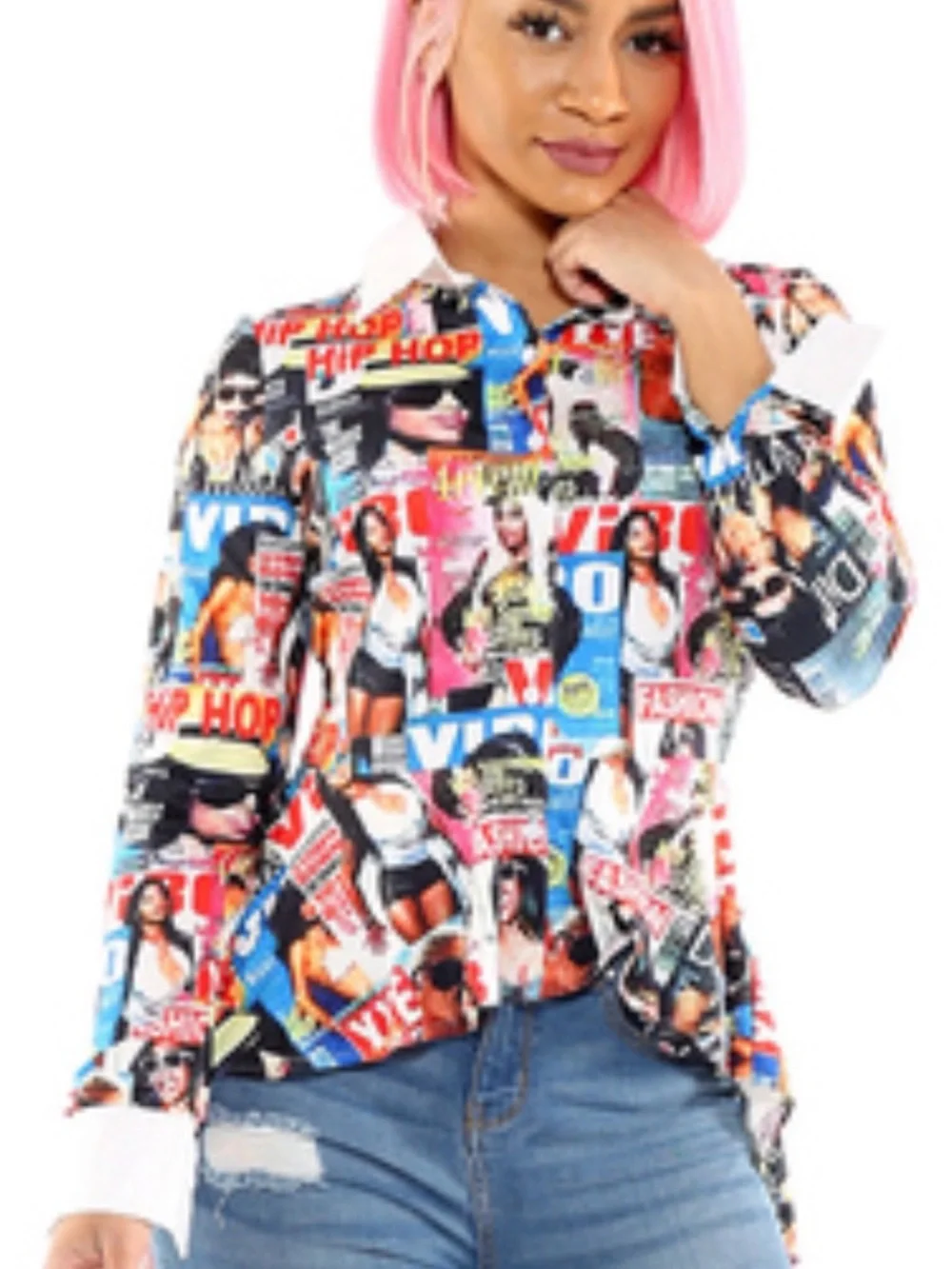 Magazine-Print Collared Blouse - Multicolor - Picture 3 of 8